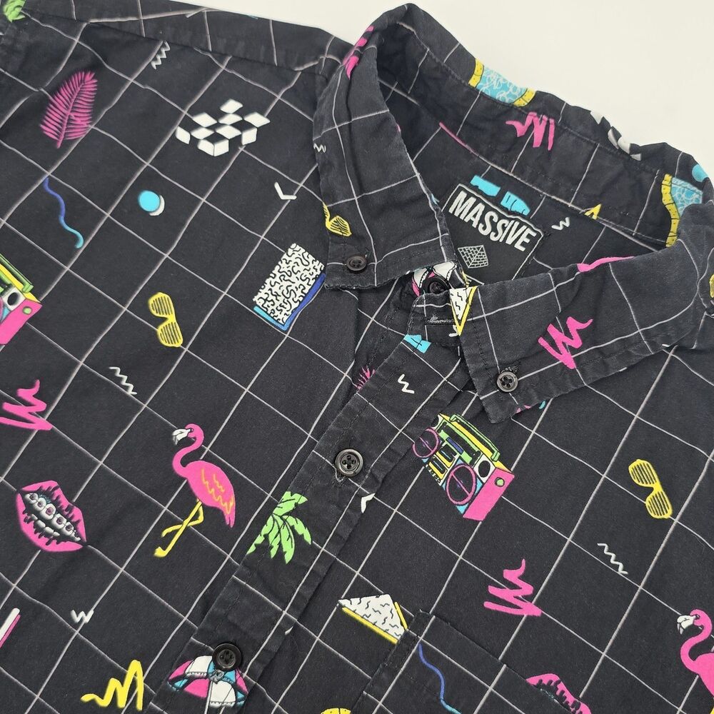 Massive Button Down Short Sleeve Shirt Men's Large Black 80's Retro Boom Box - Picture 4 of 7